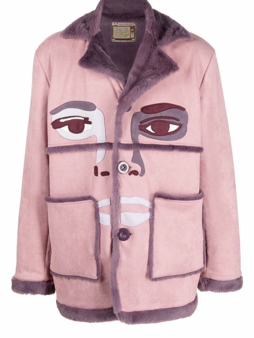 KIDSUPER Men’s Designer Pink Suede Coat with Abstract Face Appliqué Size M
